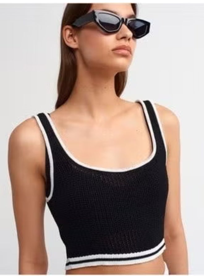 Dilvin 10407 Square Neck Knitwear Crop-Black-Ecru - Image 2